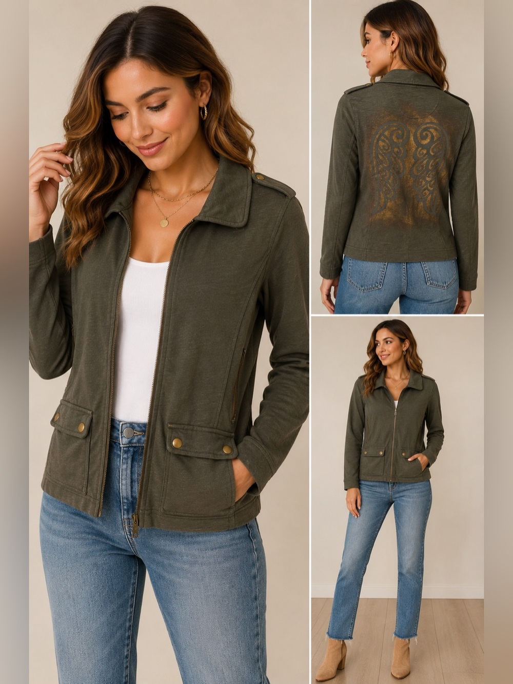 Sahalie Olive Angel Wings Utility Jacket Womenβs M Boho Military